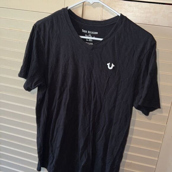 True Religion Unisex Adult Basic T-Shirt Black V-Neck Logo XS - Picture 2 of 3